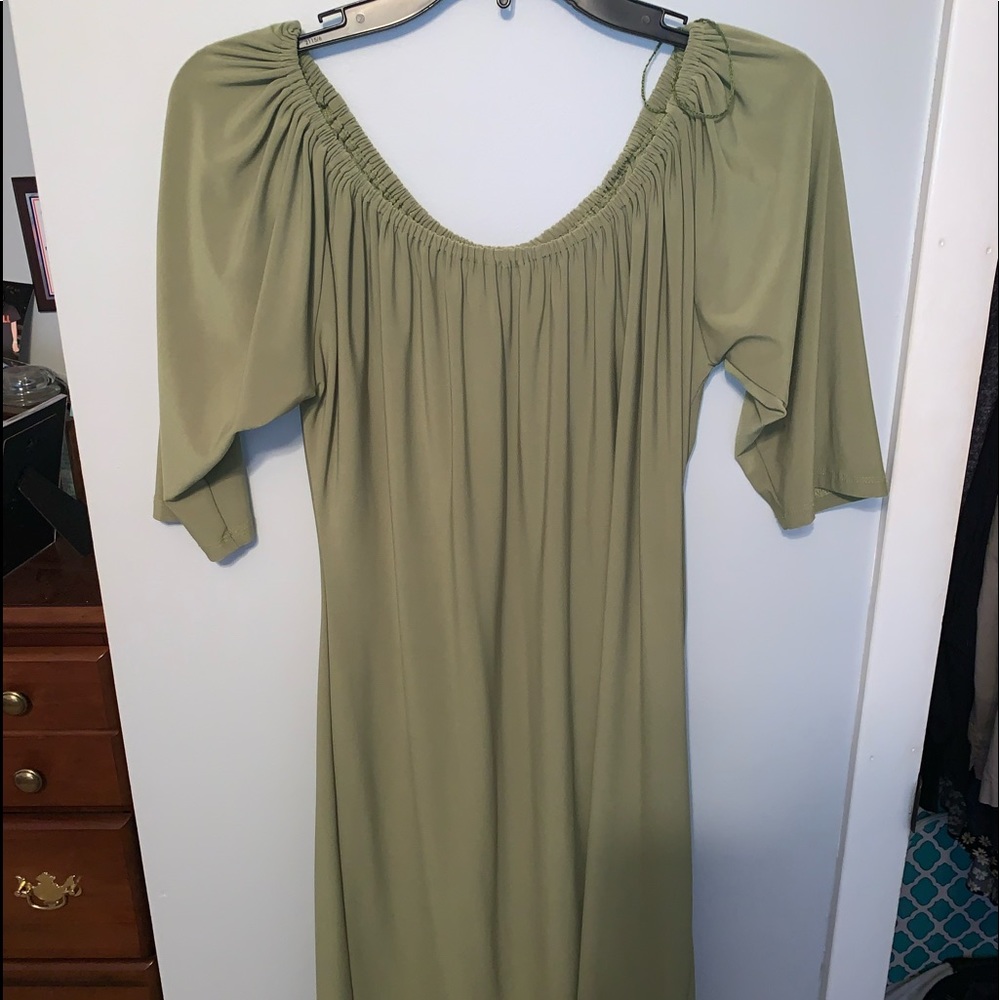 Army green, off the shoulder dress